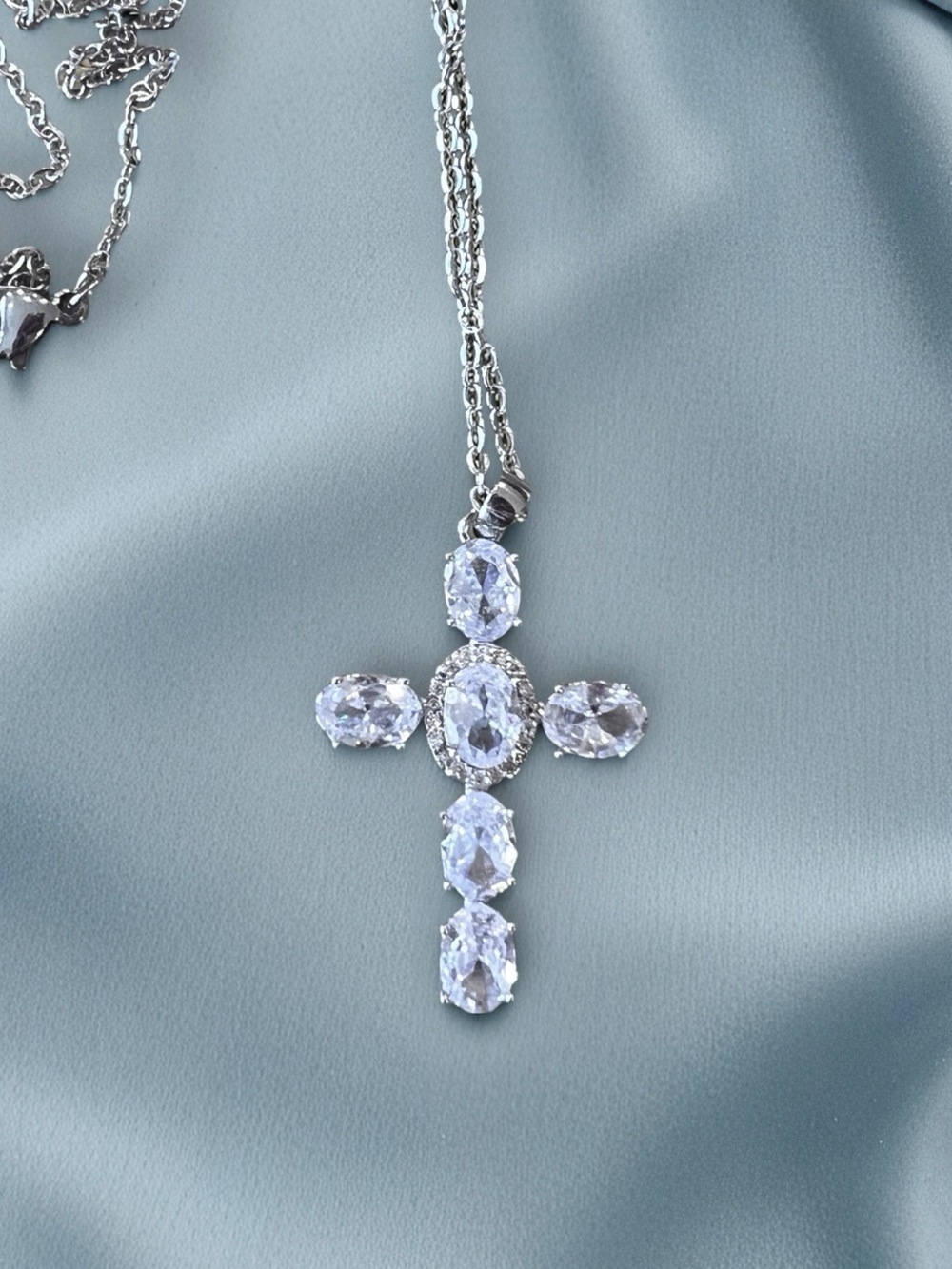 Silver-Tone Stainless Steel Cubic Zirconia Cross Necklace